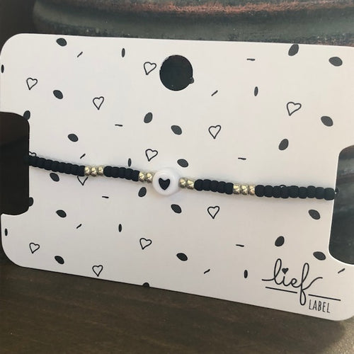 Armbandje Beads Black White Heart zilver